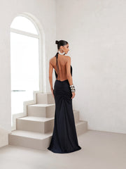 Vestido Longo em Poliamida Gola Degagê Preto