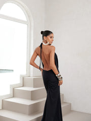 Vestido Longo em Poliamida Gola Degagê Preto