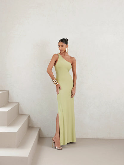 Vestido Longo em Poliamida Um Ombro Só Verde