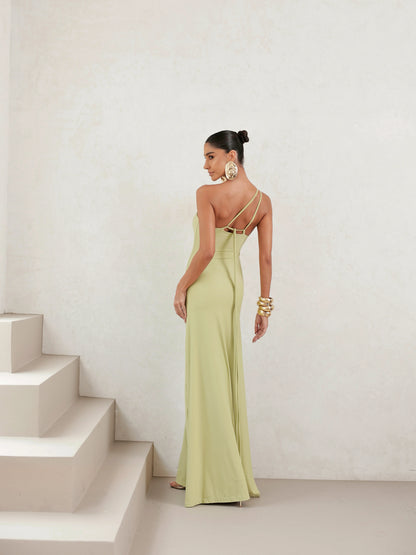 Vestido Longo em Poliamida Um Ombro Só Verde