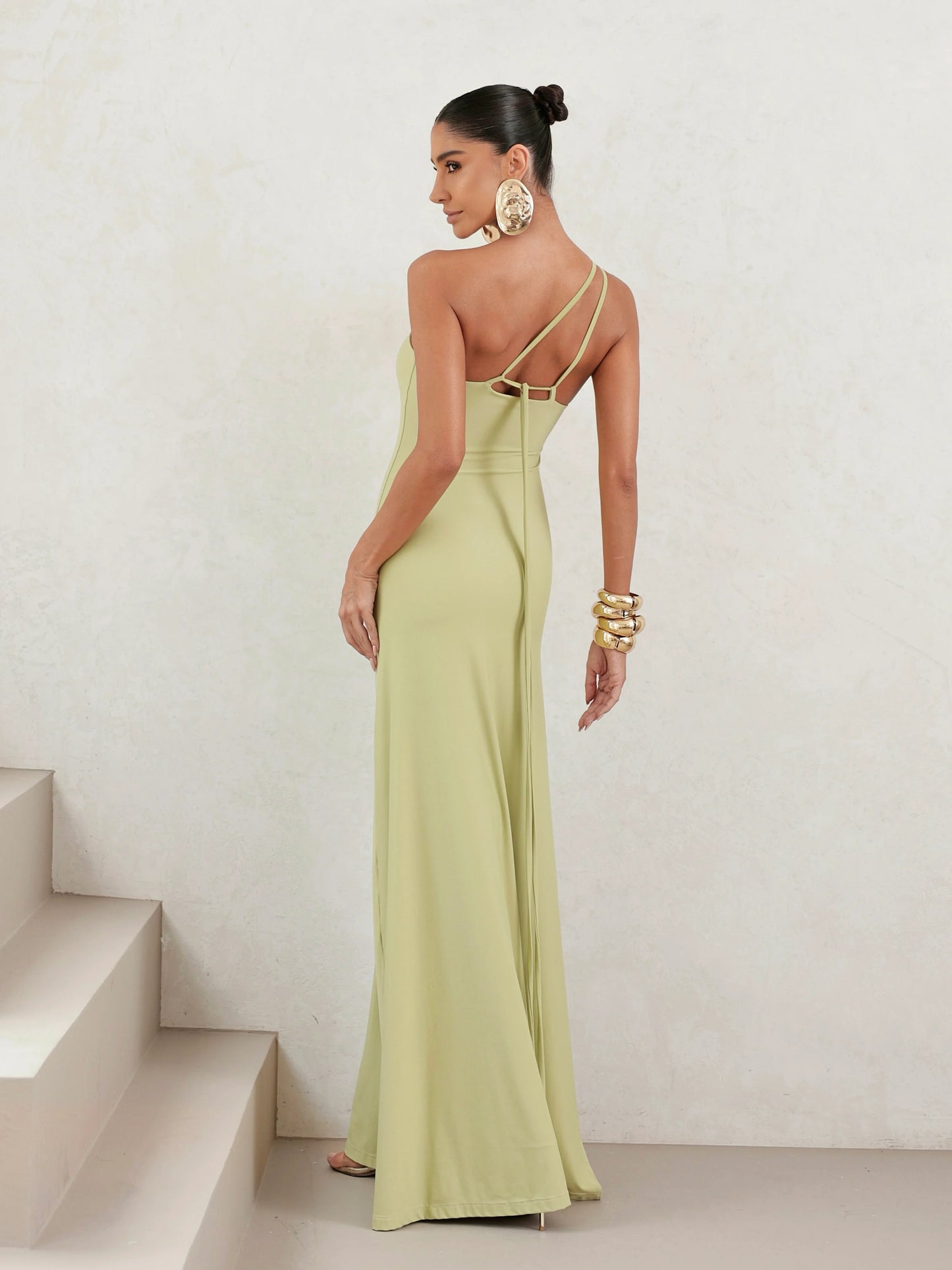 Vestido Longo em Poliamida Um Ombro Só Verde