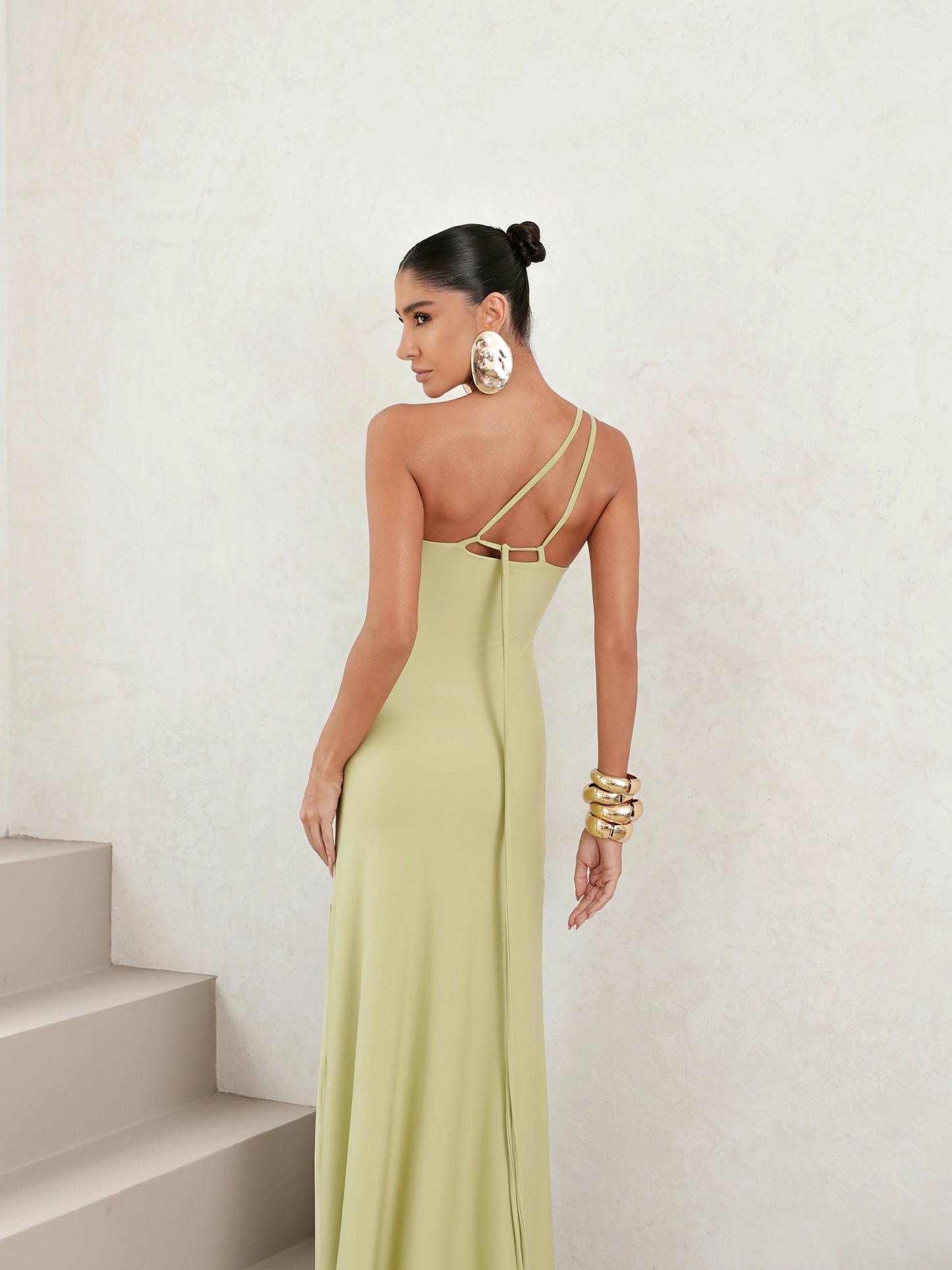 Vestido Longo em Poliamida Um Ombro Só Verde