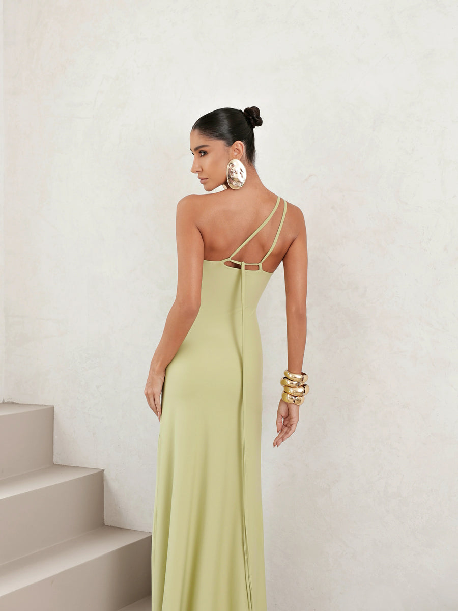 Vestido Longo em Poliamida Um Ombro Só Verde