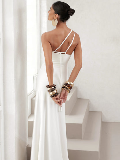 Vestido Longo em Poliamida Um Ombro Só Off