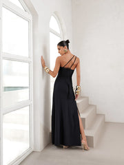 Vestido Longo em Poliamida Um Ombro Só Preto