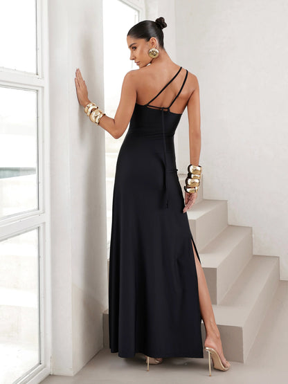 Vestido Longo em Poliamida Um Ombro Só Preto