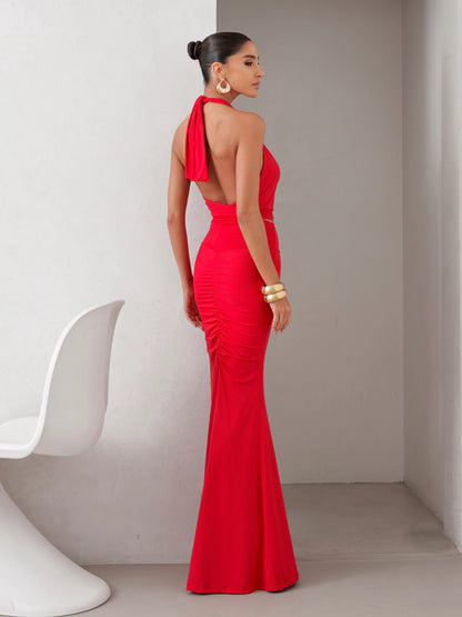 Conjunto Poliamida Cropped Degagê e Saia Longa Vermelho