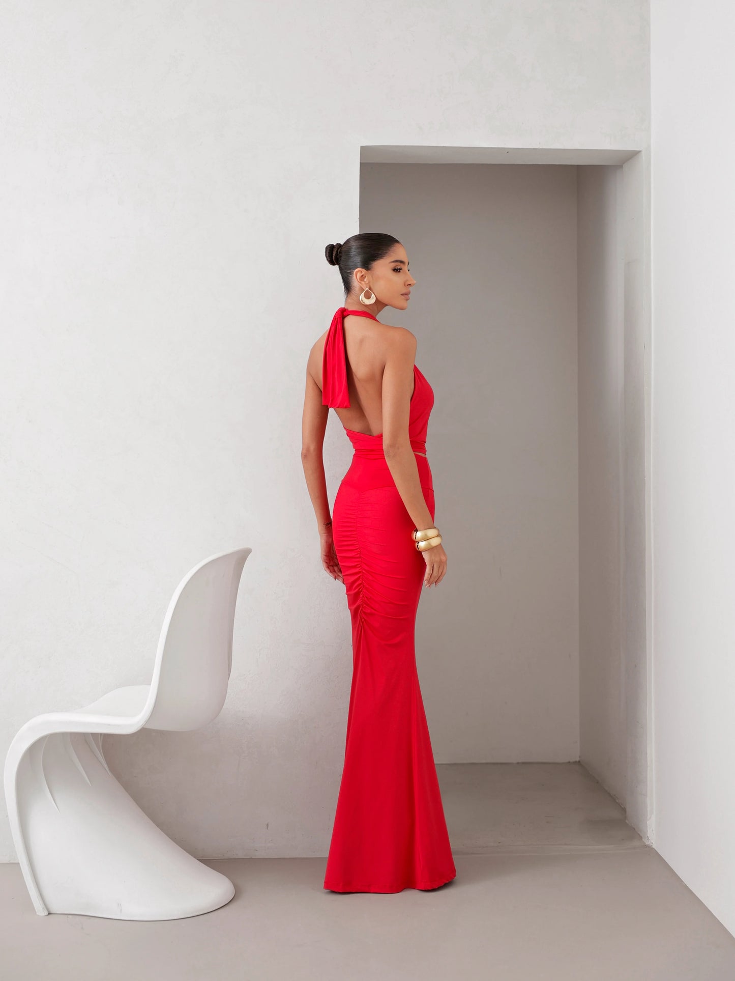 Conjunto Poliamida Cropped Degagê e Saia Longa Vermelho