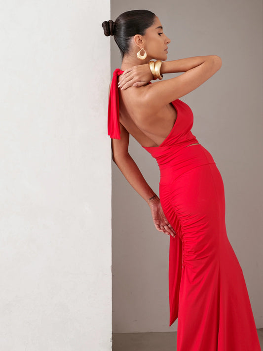 Conjunto Poliamida Cropped Degagê e Saia Longa Vermelho