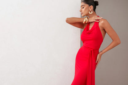 Conjunto Poliamida Cropped Degagê e Saia Longa Vermelho