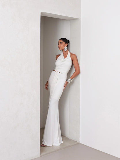 Conjunto Poliamida Cropped Degagê e Saia Longa Off