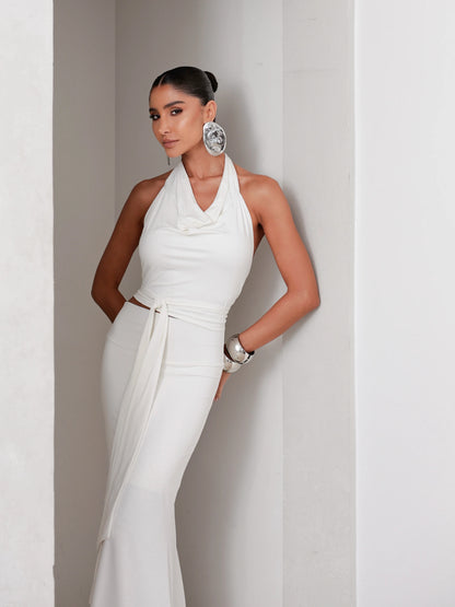 Conjunto Poliamida Cropped Degagê e Saia Longa Off