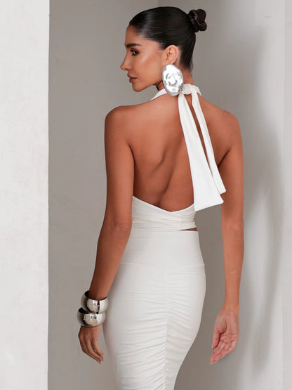 Conjunto Poliamida Cropped Degagê e Saia Longa Off