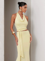 Conjunto Poliamida Cropped Degagê e Saia Longa Amarelo