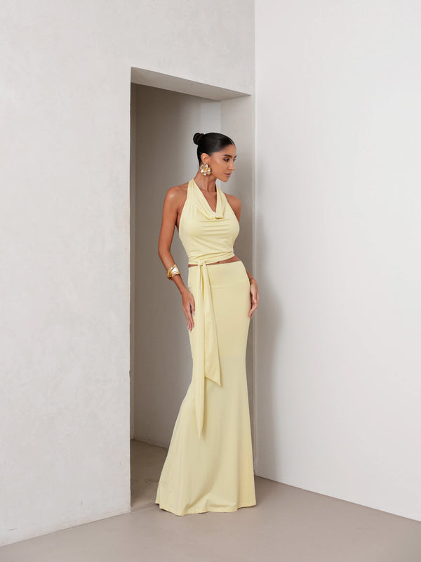 Conjunto Poliamida Cropped Degagê e Saia Longa Amarelo