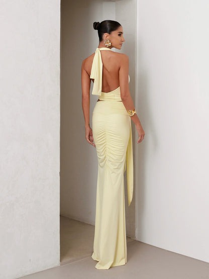 Conjunto Poliamida Cropped Degagê e Saia Longa Amarelo