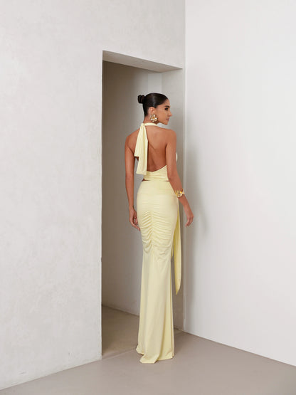 Conjunto Poliamida Cropped Degagê e Saia Longa Amarelo