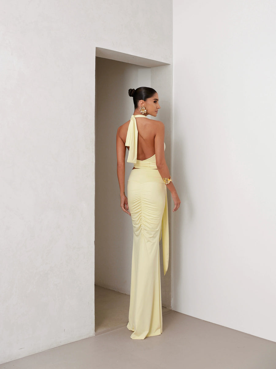 Conjunto Poliamida Cropped Degagê e Saia Longa Amarelo
