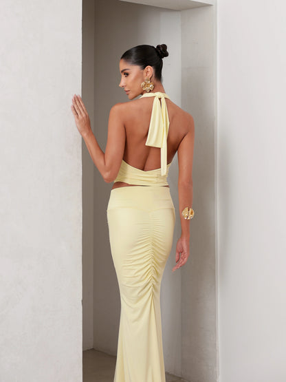 Conjunto Poliamida Cropped Degagê e Saia Longa Amarelo