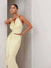 Conjunto Poliamida Cropped Degagê e Saia Longa Amarelo
