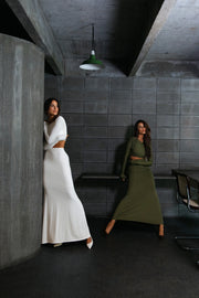 Conjunto Poliamida Cropped Manga Longa e Saia Longa Militar