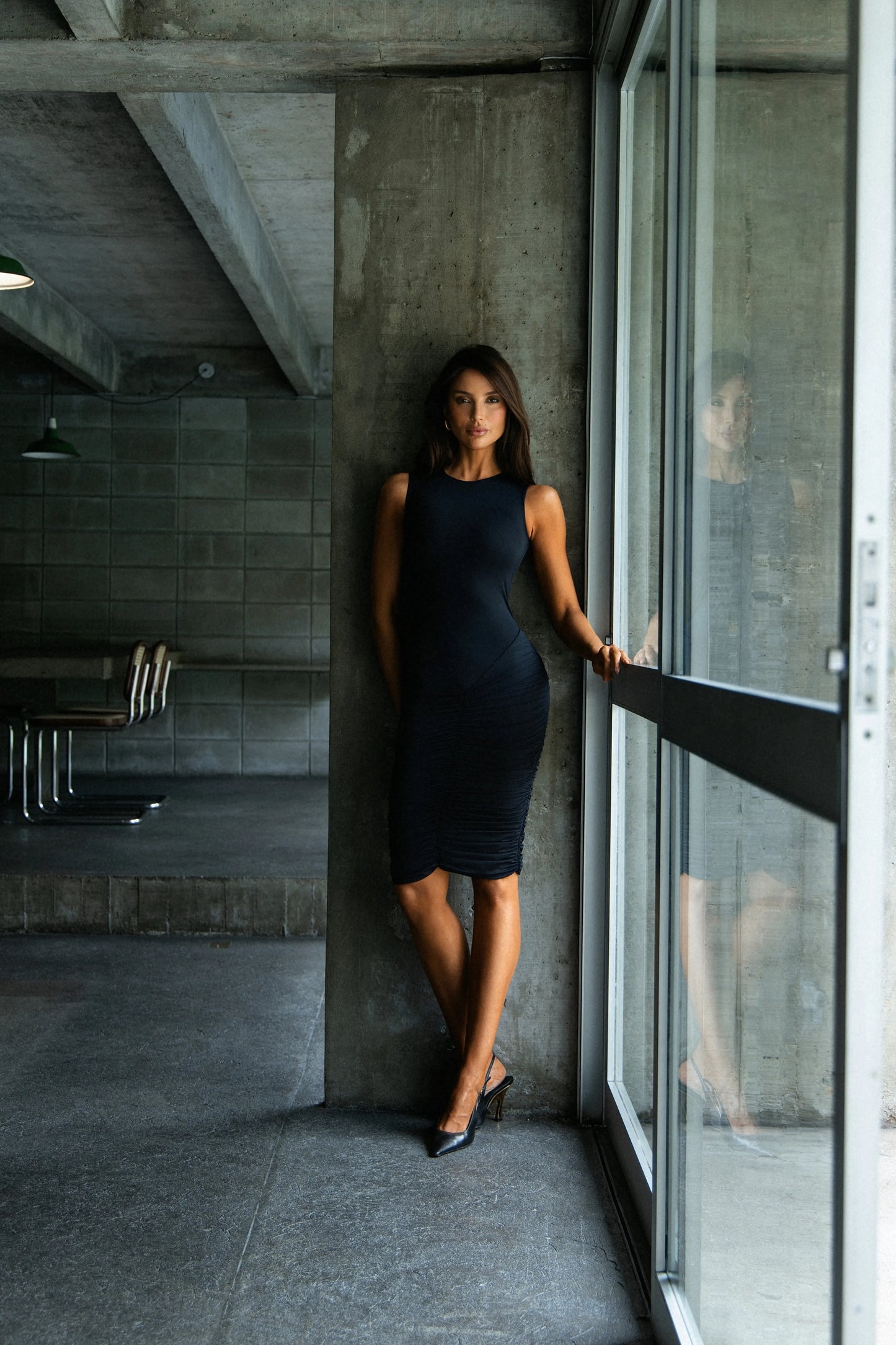 Vestido Poliamida Regata Midi Drapeado Preto