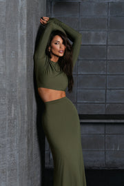 Conjunto Poliamida Cropped Manga Longa e Saia Longa Militar