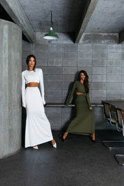 Conjunto Poliamida Cropped Manga Longa e Saia Longa Militar